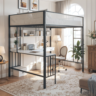 Sunvega Full Loft Bed with Desk and Shelves for Kids Teens Guest Room Dorm
