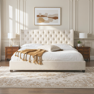 Sunvega Manhattan Shelter King Platform Bed Frame with Wingback Headboard in Light Beige Linen