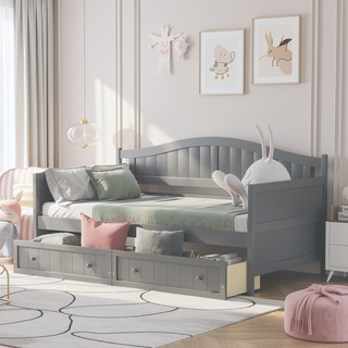 Sunvega Twin Wooden Daybed with Trundle Sofa Bed for Bedroom Living Room Gray