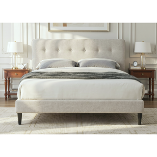 Sunvega Queen Upholstered Pleated Bed in a Box with Sturdy Dark Brown Frame