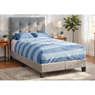 Sunvega Twin Size Upholstered Bed Frame in Grey Linen Look for Youth Bedroom