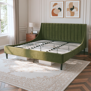 Sunvega Handmade Vertical Tufted Headboard Platform Bed Set in Light Beige Linen