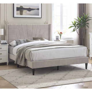 Sunvega Light Brown Queen Size Upholstered Burlap Fabric Headboard Platform Bed