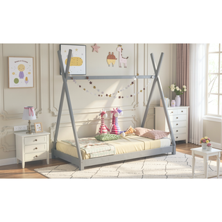 Sunvega Twin Size House Platform Bed with Triangle Structure in Gray