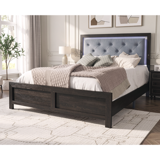 Sunvega Modern Beige Faux Leather Queen Panel Bed with Headboard Lighting