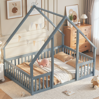 Sunvega Twin Wood House Floor Bed with Guardrail Fence in Grey