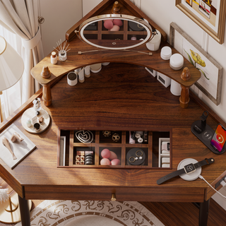 Sunvega Corner Vanity Desk Set with Storage Stool Charging Station and Glass Tabletop
