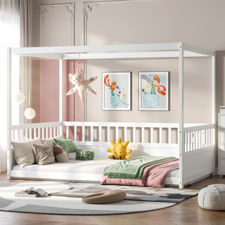 Sunvega Full Size Canopy Floor Bed Frame with Guardrails for Kids Boys Girls