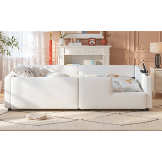 Sunvega Pink Twin Size Upholstered Platform Bed with Guardrail and Charging Station