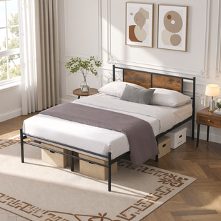 Sunvega Twin Size Metal Bed Frame with Wood Panel Headboard and Under Storage