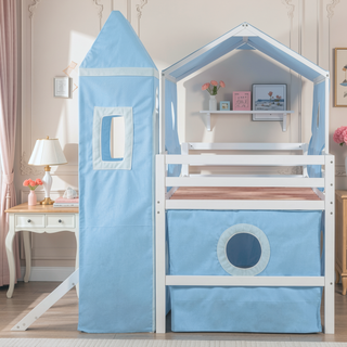 Sunvega Sturdy Pink Twin Size Loft Bed with Slide Tower and Playhouse Design