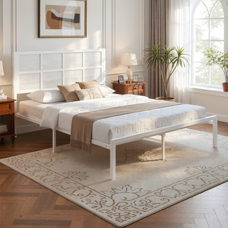 Sunvega White Faux Cane Panel Headboard King Platform Bed with Metal Frame