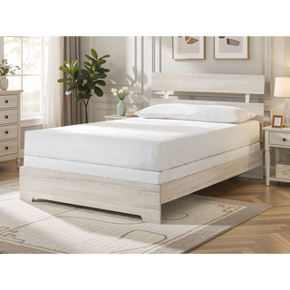 Sunvega Rustic Contemporary Platform Bed Frame with White Wash Finish and Slat Headboard