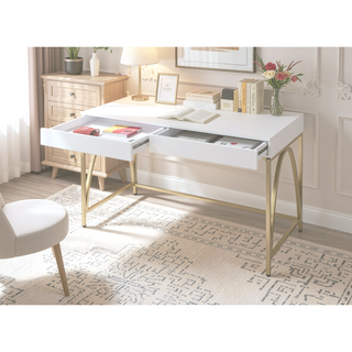 Sunvega White High Gloss Vanity Desk with Gold Finish and 2 Storage Drawers