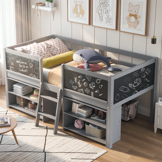 Sunvega Twin Size Low Loft Bed with Movable Shelves Ladder and Decorative Chalkboard Guardrail