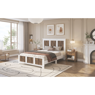 Sunvega White Farmhouse Queen Platform Bed with Wooden Strip Decoration and Plywood Slats