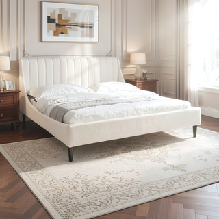 Sunvega Handmade Vertical Tufted Headboard Platform Bed Set in Light Beige Linen