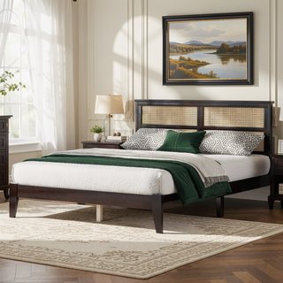 Sunvega Full Size Bed with Rattan Headboard Two Storage Drawers and Enhanced Support Slats