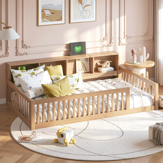Sunvega White Wood Twin XL Floor Bed with Storage Cabinets and USB Charging Ports