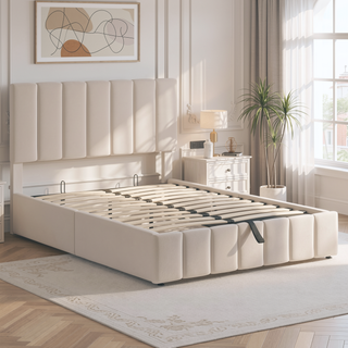Sunvega Upholstered Platform Bed with Hydraulic Storage System in White Linen