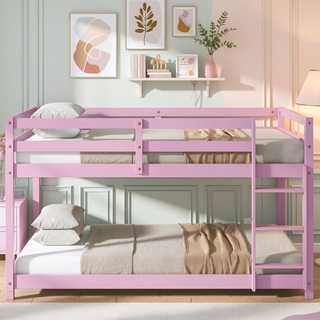 Sunvega Twin over Twin Floor Bunk Bed with Ladder and Strengthened Slats in Espresso