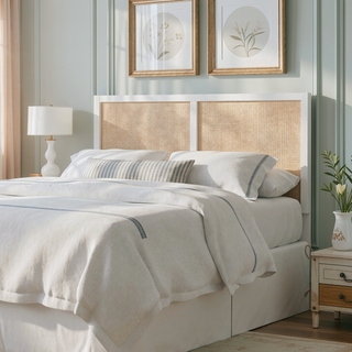 Sunvega White Painted Cane Panel Coastal Queen Full Headboard with Adjustable Height