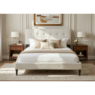 Sunvega Queen Upholstered Pleated Bed in a Box with Sturdy Dark Brown Frame