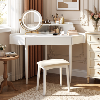 Sunvega Space-Saving Corner Makeup Vanity with Tri-Folding LED Mirror and Stool