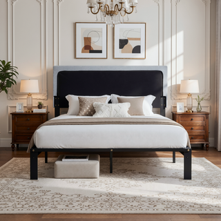Sunvega Modern Upholstered Platform Bed Frame with Button Tufted Linen Headboard