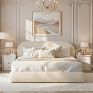 Sunvega Arch Shaped Puffy Upholstered Platform Bed in Oatmeal Light Beige Chenille