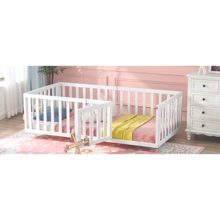 Sunvega Twin Size Wood Floor Bed Frame with Fence and Door in Walnut Finish