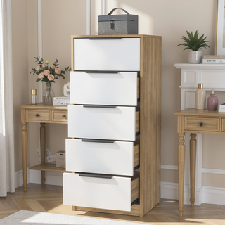 Sunvega White Pine Modern 5 Drawer Vertical Dresser for Narrow Spaces
