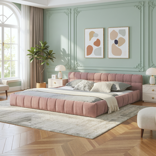 Sunvega Grounded California King Upholstered Bed Frame with Soft Chenille Fabric Headboard