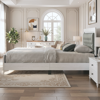 Sunvega Contemporary White Queen Size Platform Bed with LED Light Headboard