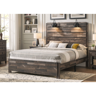 Sunvega Rustic Style Butcher Block Finish Queen Size Wood Platform Bed with Lamps