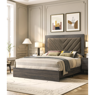 Sunvega Queen Size Upholstered Bed with V Shaped Headboard in Gray Finish