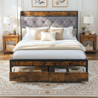 Sunvega King Bed Frame with Storage Headboard LED Lights and USB Charging Station
