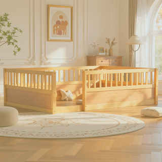 Sunvega Montessori Wooden Children's Floor Bed Frame with High Safety Fence