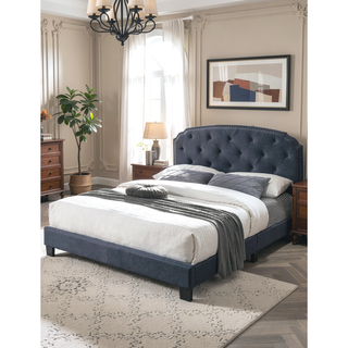 Sunvega Queen Size Charcoal Burlap Button Tufted Headboard Bed with Nailhead Trim