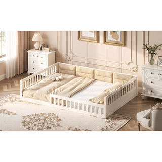 Sunvega Beige Full Size Upholstered Wood Platform Bed with Guardrail and Pillow