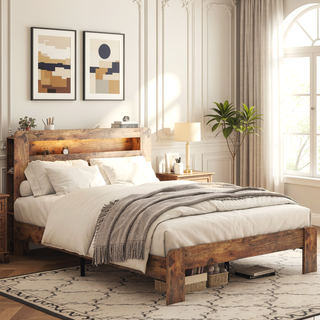 Sunvega Full Size Wood Platform Bed Frame with Storage LED Headboard and 2 USB Ports