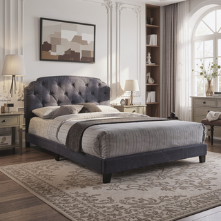 Sunvega Grey Upholstered Queen Panel Bed with Arched Headboard and Nailhead Trim