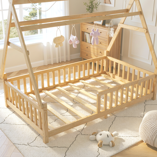 Sunvega Full Size Low Profile House Bed with LED Light Roof and Safety Fence