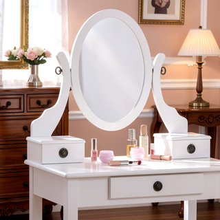 Sunvega Pink Wood Makeup Vanity Table and Stool Set with Mirror and Storage Drawers