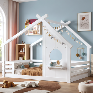 Sunvega White Twin House Floor Bed with Window and Shelf for Kids Room