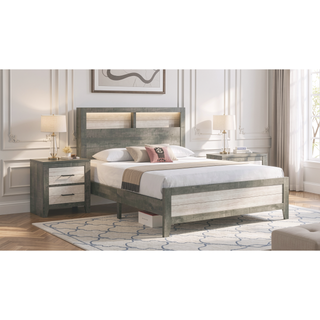 Sunvega King Size Platform Storage Bed with Plank-style Headboard and Built-in Lighting