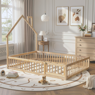 Sunvega White Wood House Platform Bed with Guardrail for Kids Full Size