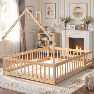 Sunvega Full Size House Shaped Headboard Floor Bed with Safety Fence Guardrails
