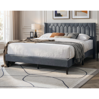 Sunvega Modern Charcoal Burlap Upholstered Queen Size Headboard with Diamond Design