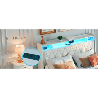 Sunvega Queen Bed Frame with Ergonomic Headboard Outlets Charger LED Light Storage